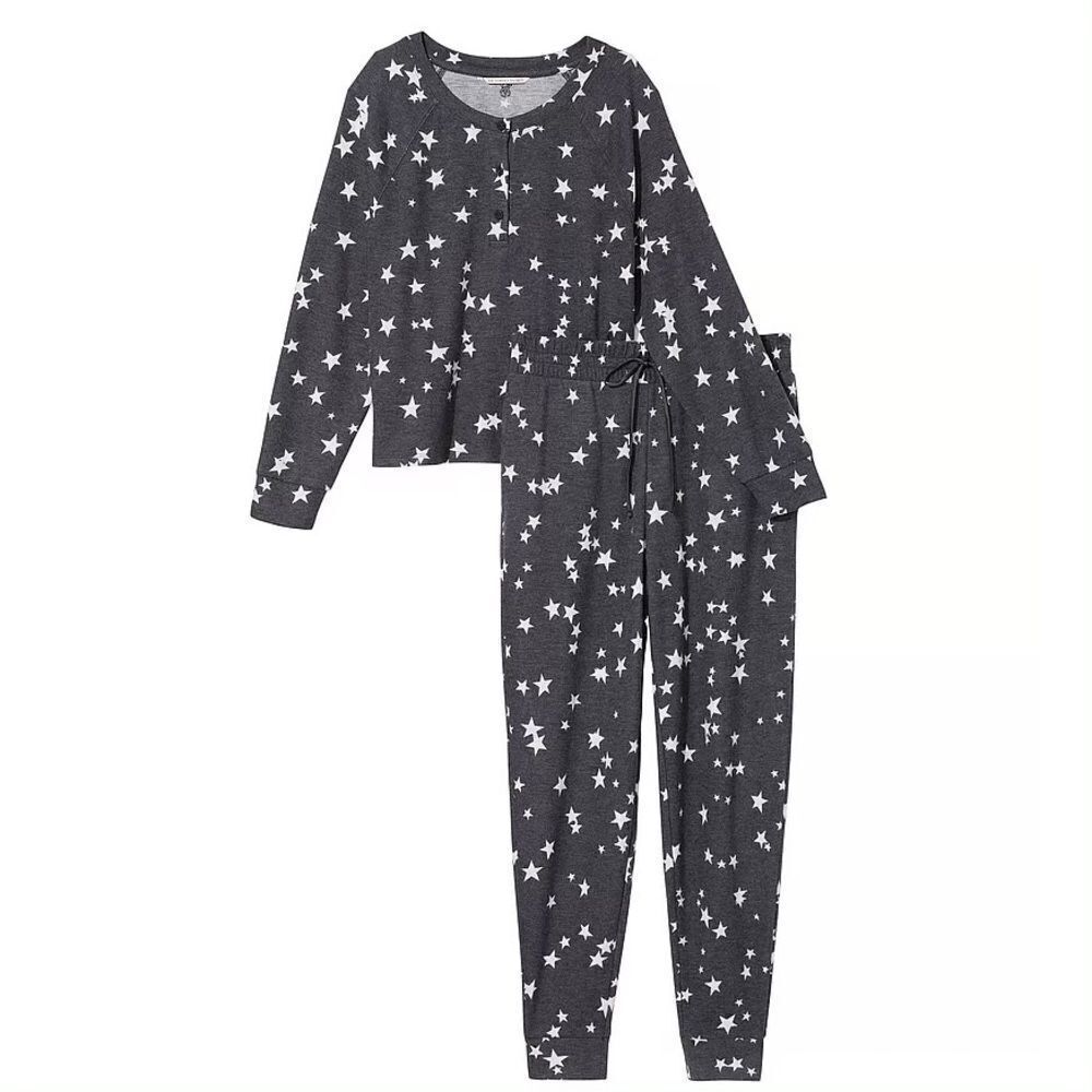 Victoria’s Secret Jogger Pajama Set Stars Gray and White Size Small